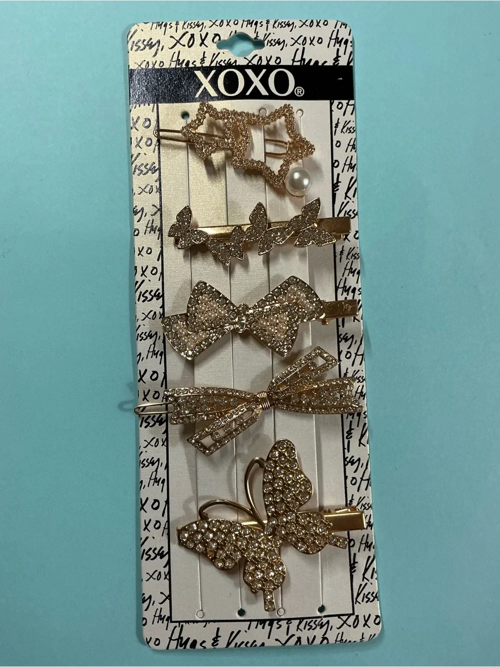 XOXO Gold Rhinestone Butterfly Stars & Bow Hair Clip Set of 5